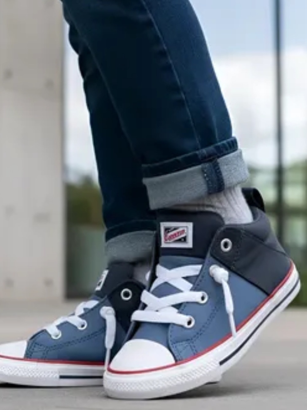 Converse Low-Top Sneakers in Blue, Black and White with Red Trim